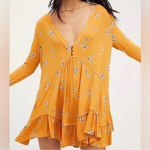 Free People Floral V-Neck Long Sleeve Olivia Tunic Dress in Marigold S